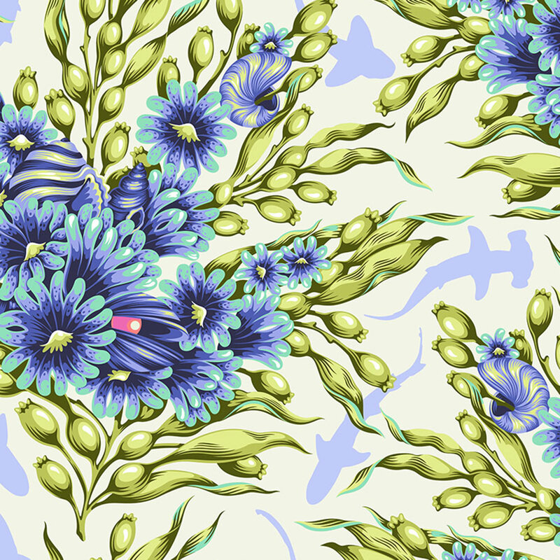 white fabric with a blue and green damask pattern made from ocean life, and pastel blue hammerhead sharks 