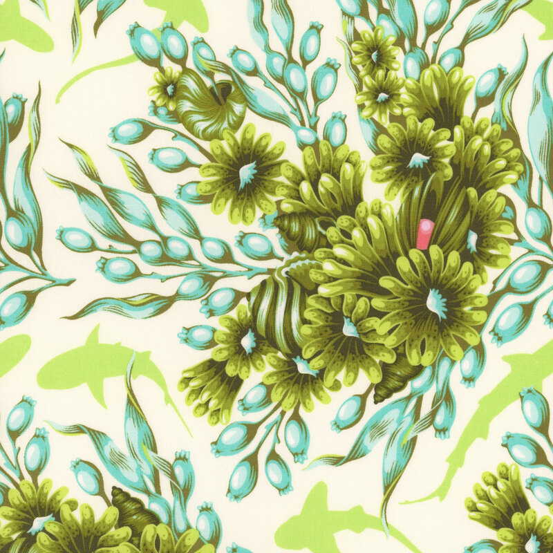 white fabric with a lime green and aqua damask pattern made from ocean life, and lime green hammerhead sharks 