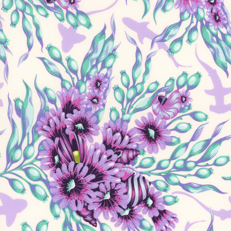 white fabric with a violet and aqua damask pattern made from ocean life, and pastel purple hammerhead sharks 