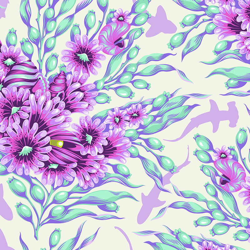 white fabric with a violet and aqua damask pattern made from ocean life, and pastel purple hammerhead sharks 