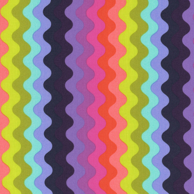 A pattern of wavy stripes in lime, aquamarine, deep purple, magenta, hot pink, and coral