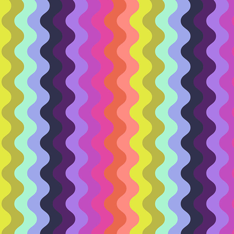A pattern of wavy stripes in lime, aquamarine, deep purple, magenta, hot pink, and coral