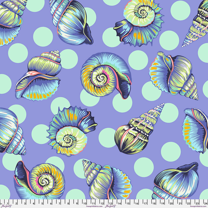 A 24" x 24" swatch of wide back fabric in periwinkle blue with large aquamarine polka dots and multicolor blue seashells