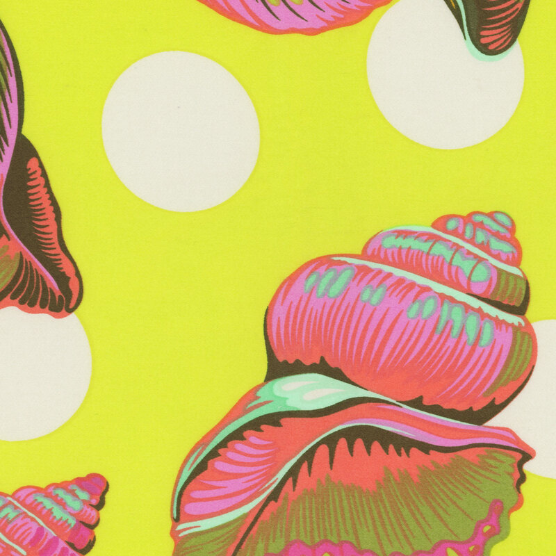 Wide back fabric in neon yellow with large white polka dots and multicolor pink seashells