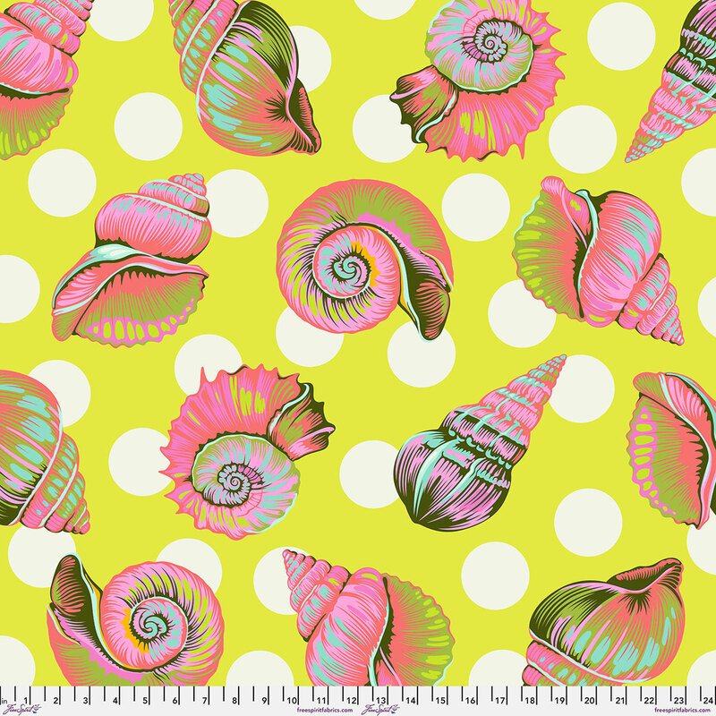 A 24" x 24" swatch of wide back fabric in neon yellow with large white polka dots and multicolor pink seashells