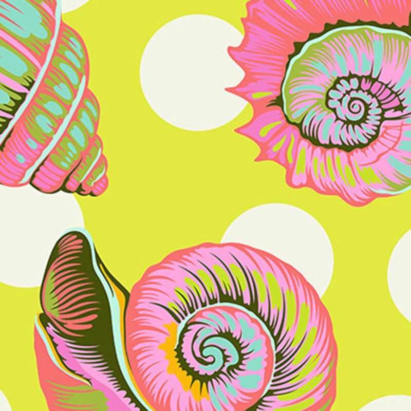 Wide back fabric in neon yellow with large white polka dots and multicolor pink seashells