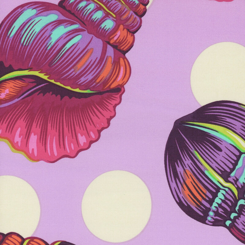 Wide back fabric in pastel violet with large cream polka dots and multicolor purple seashells