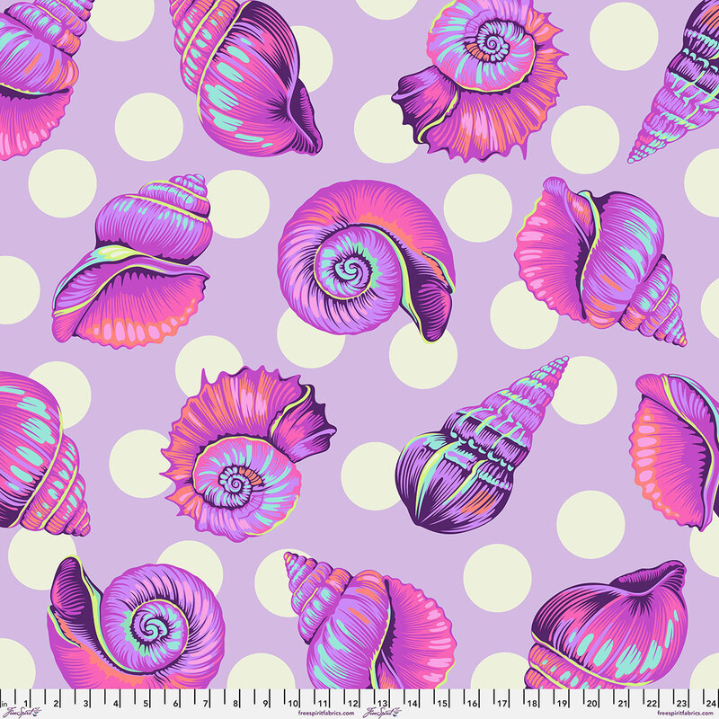 A 24" x 24" swatch of wide back fabric in pastel violet with large cream polka dots and multicolor purple seashells