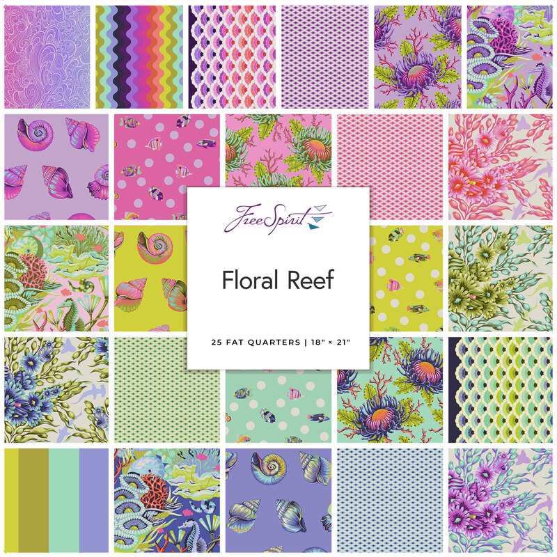 Collage of fabrics in the collection in bright purple, green, and aquamarine with marine-life motifs
