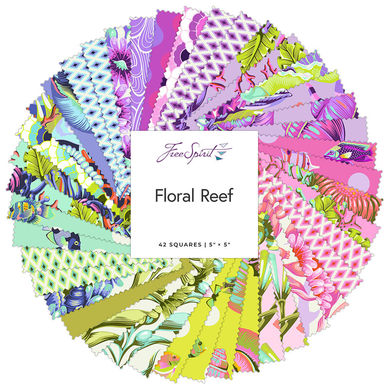 Circular collage of fabrics in the collection in bright purple, green, and aquamarine with marine-life motifs
