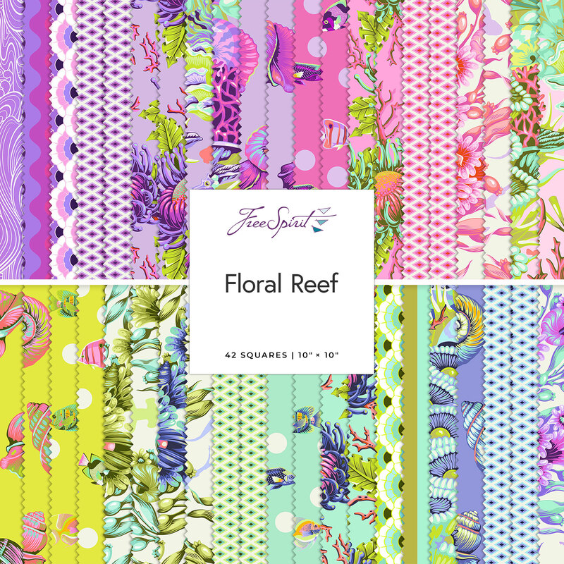 Collage of fabrics in the collection in bright purple, green, and aquamarine with marine-life motifs