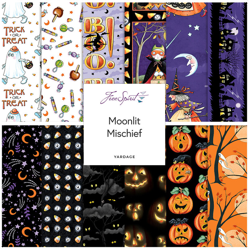 A collection of fabrics included in the Moonlit Mischief collection with white, purple, black, and orange fabrics with a Halloween theme.