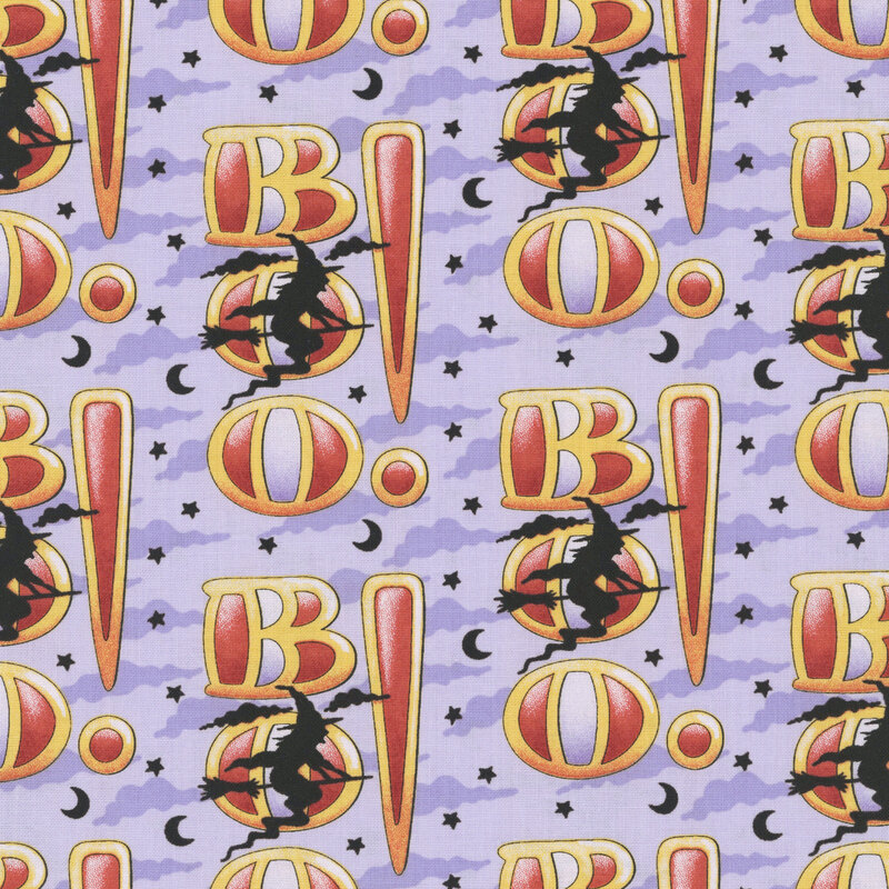 Boo! in bold orange and yellow letters with flying witches, stars, moons in black on a cloudy lavender background.