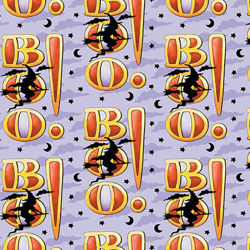 Boo! in bold orange and yellow letters with flying witches, stars, moons in black on a cloudy lavender background.