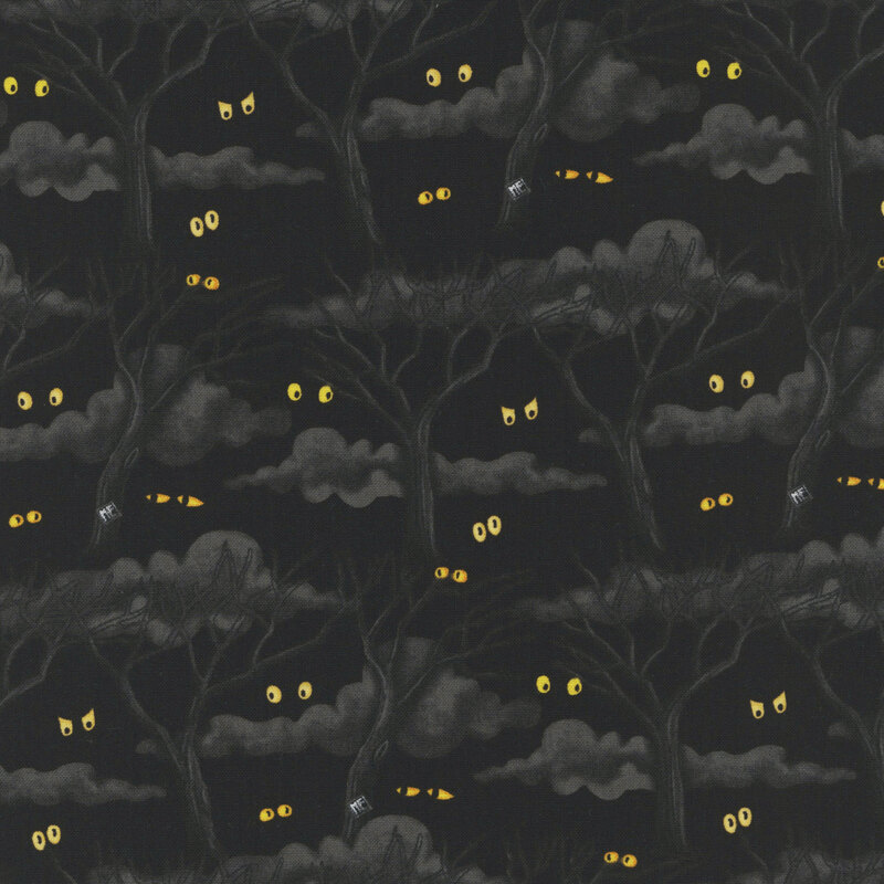 Jet black fabric featuring dark gray clouds, stark black trees, and tossed with yellow sets of eyes.