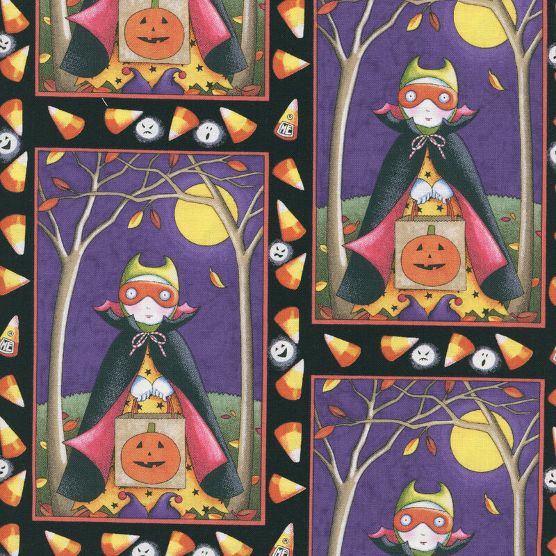 Trick or treat costumed candy seeker posed under a full moon picture framed by candy corns and ghostly faces on black fabric.