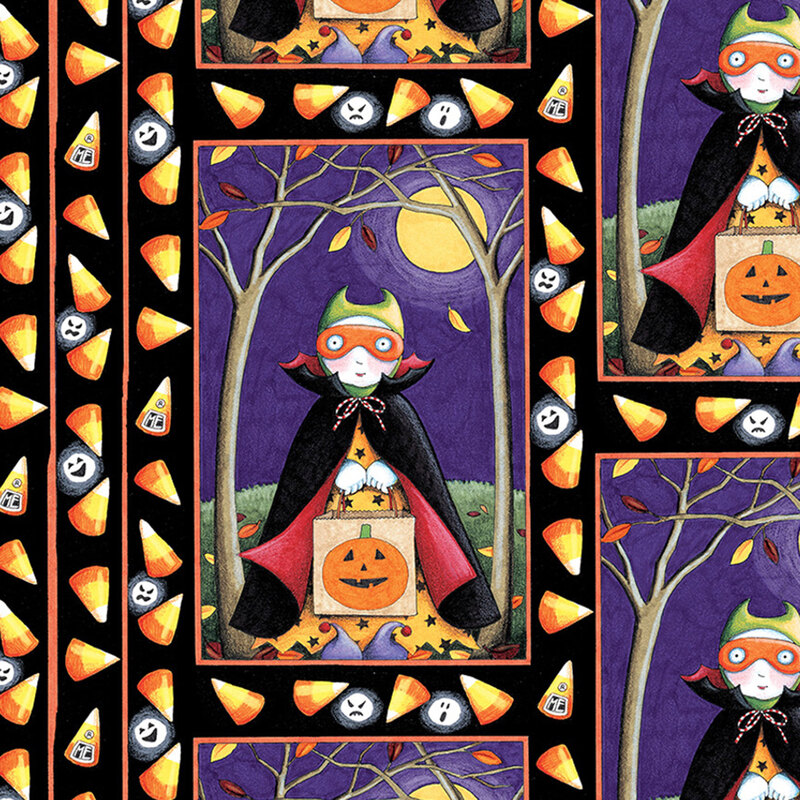 Trick or treat costumed candy seeker posed under a full moon picture framed by candy corns and ghostly faces on black fabric.