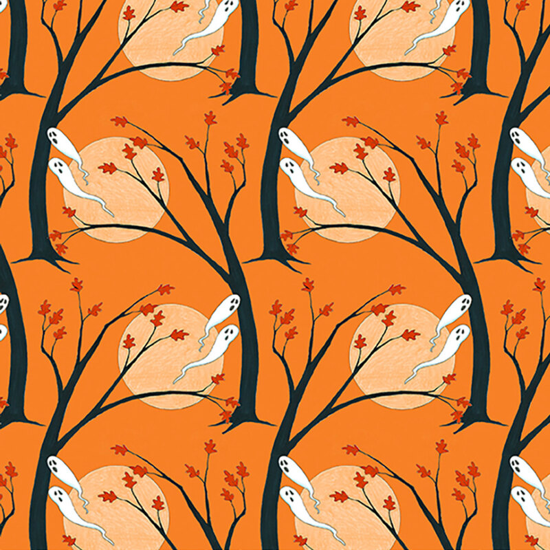 Bright orange fabric featuring bare tree branches blowing in the wind, white ghosts, and full harvest moons.