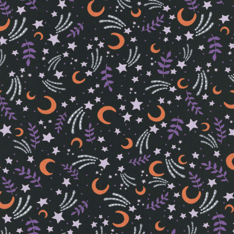 Black fabric tossed with lavender shooting stars, orange moons, and purple leaves.