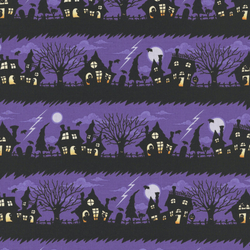 Dark purple fabric featuring rows of black grass, haunted houses, and trees on a cloudy, full-moon night.