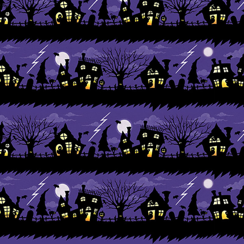 Dark purple fabric featuring rows of black grass, haunted houses, and trees on a cloudy, full-moon night.
