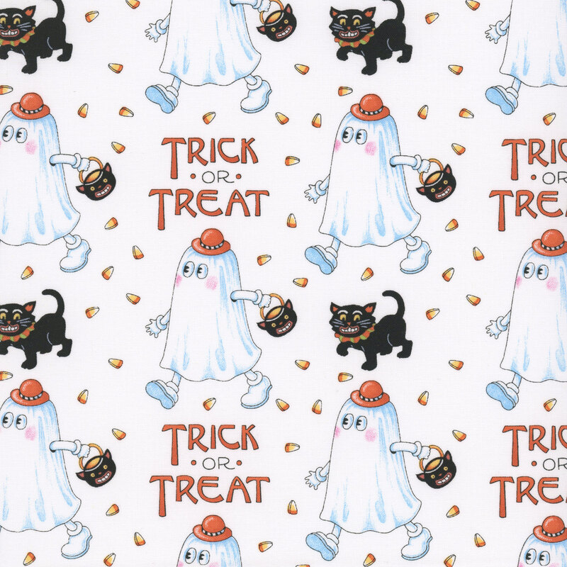 Ghost costumes, black cats, and candy corns tossed on white fabric with the phrase Trick or Treat.