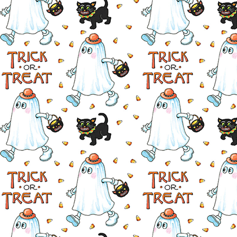 Ghost costumes, black cats, and candy corns tossed on white fabric with the phrase Trick or Treat.