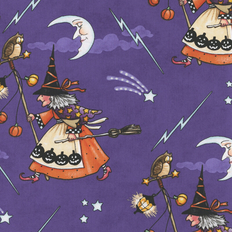 Crescent moons, lighting strikes, and stars tossed with witches carrying a staff topped with an owl on a mottled, cloudy purple background.