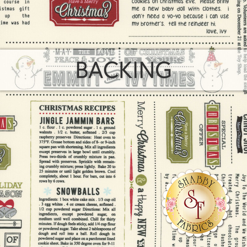 A swatch of cream fabric with a newspaper print with Christmas recipes, logos, and classic winter motifs. A banner at the top reads "Backing" and a golden Shabby Fabrics logo sits in the bottom right corner.