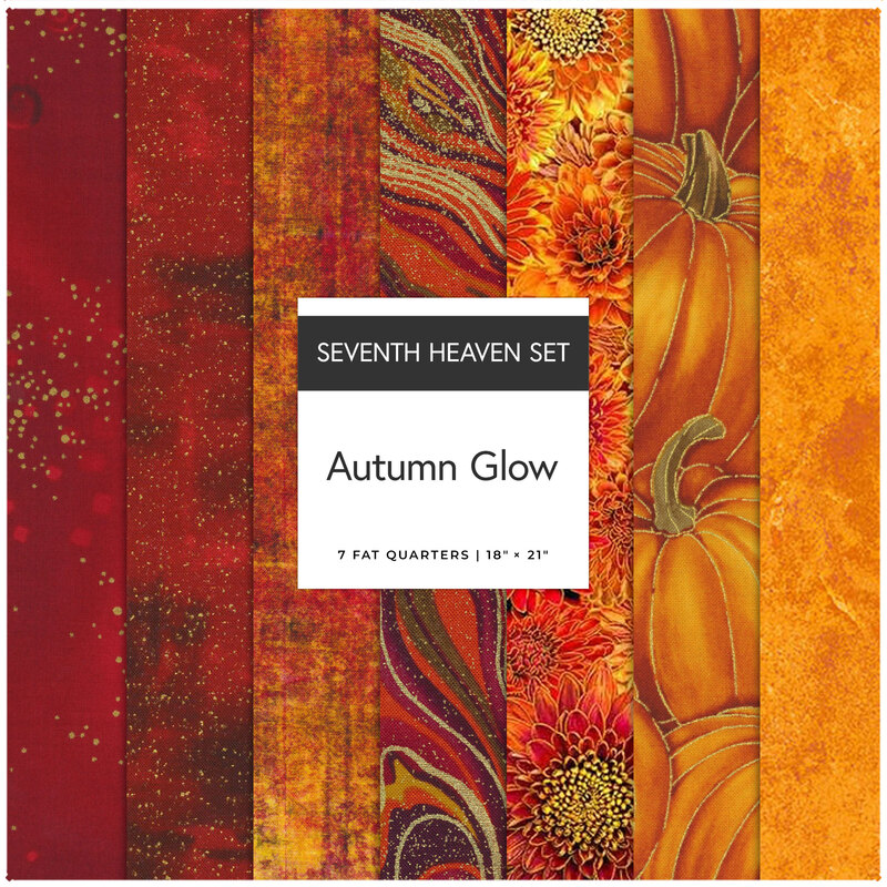 A collage of 7 red and orange fabrics in the Autumn Glow Seventh Heaven set.
