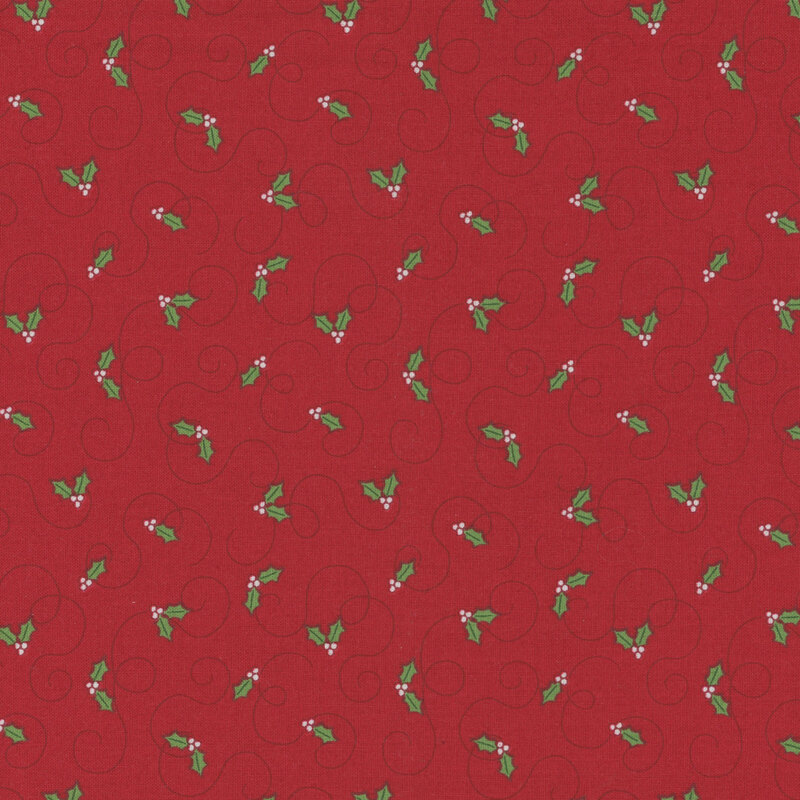 Bright red fabric tossed with holly.