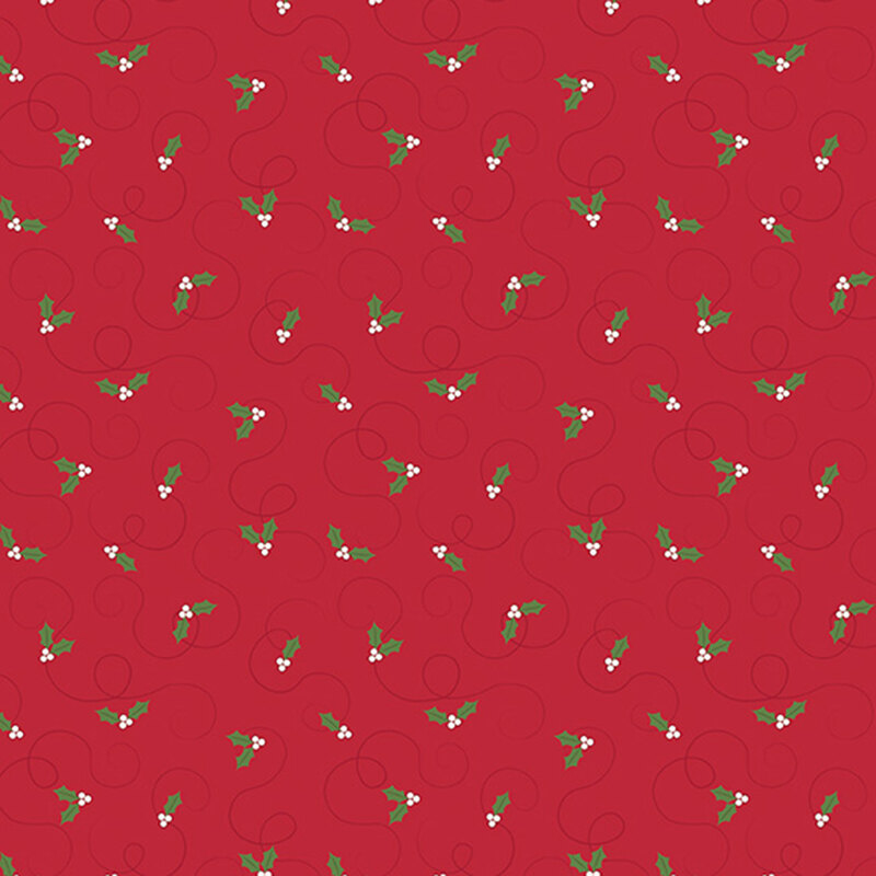 Bright red fabric tossed with holly.