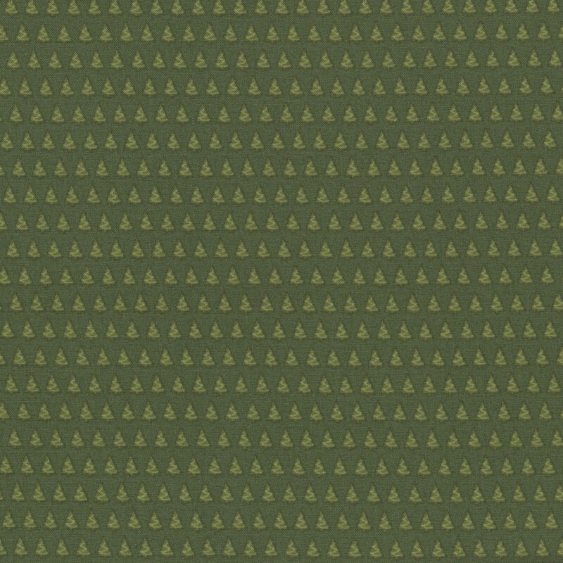 Hunter green fabric featuring rows of evergreen trees decorated in green garland.