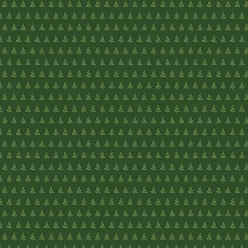 Hunter green fabric featuring rows of evergreen trees decorated in green garland.