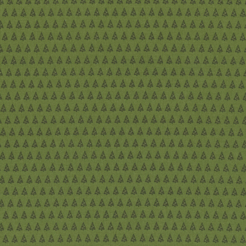 Grass green fabric featuring rows of evergreen trees decorated with green garland.