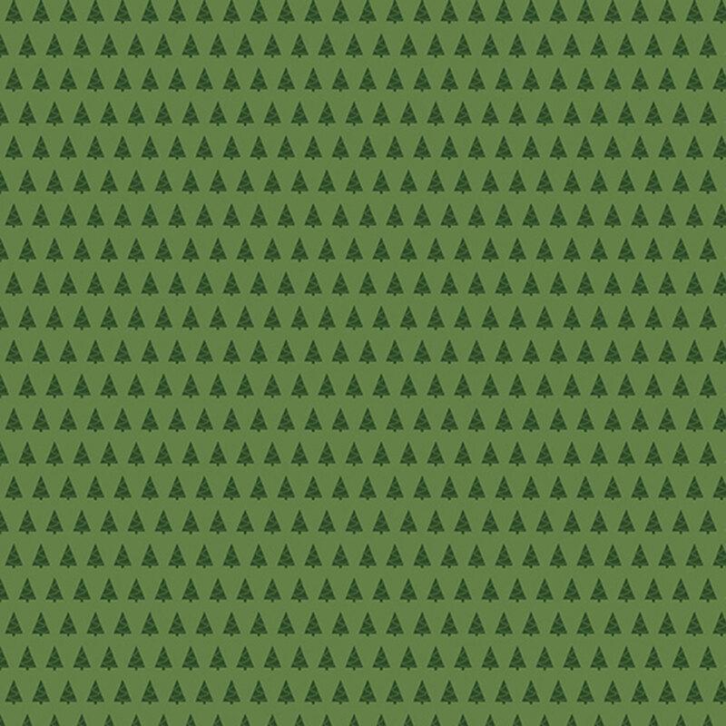 Grass green fabric featuring rows of evergreen trees decorated with green garland.
