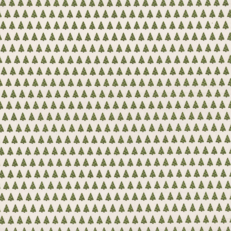 Bright white fabric featuring rows of evergreen trees decorated in green garland.