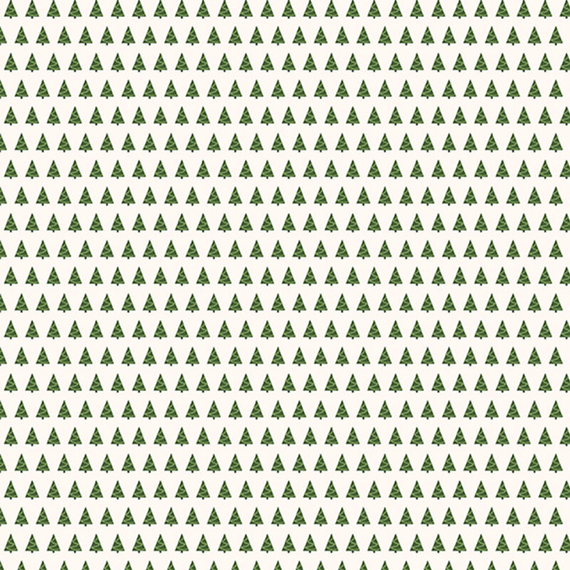 Bright white fabric featuring rows of evergreen trees decorated in green garland.