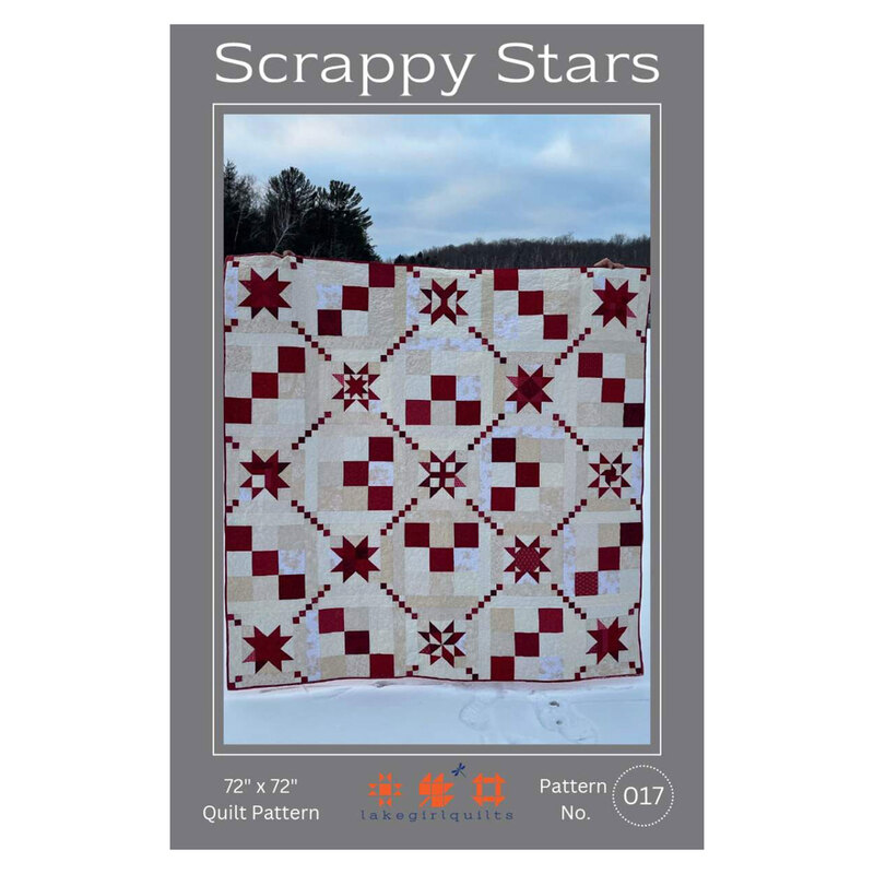 Front of the Scrappy Stars quilting pattern showing an example of the completed quilt