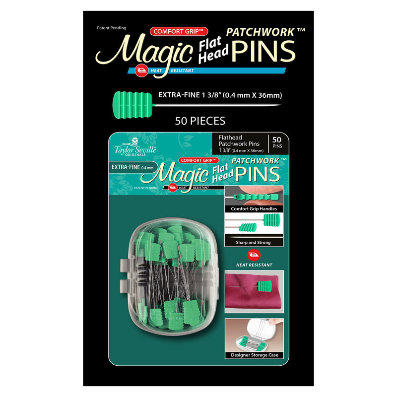 A package of 50 green Magic Flat Head Pins for patchwork, labeled extra-fine and heat resistant.