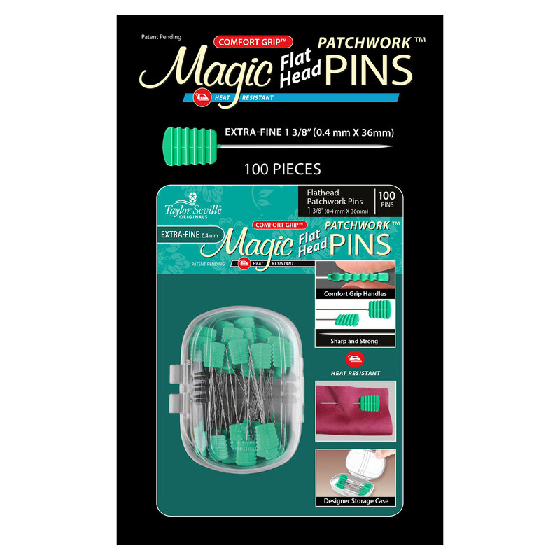 A package of 100 green Magic Flat Head Pins for patchwork, labeled extra-fine and heat resistant.