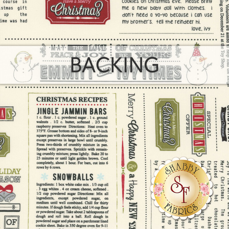 A swatch of cream fabric with a newspaper print with Christmas recipes, logos, and classic winter motifs. A banner at the top reads "Backing" and a golden Shabby Fabrics logo sits in the bottom right corner.