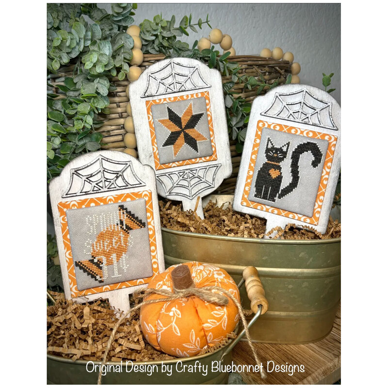 The completed project staged with coordinating Halloween decor.