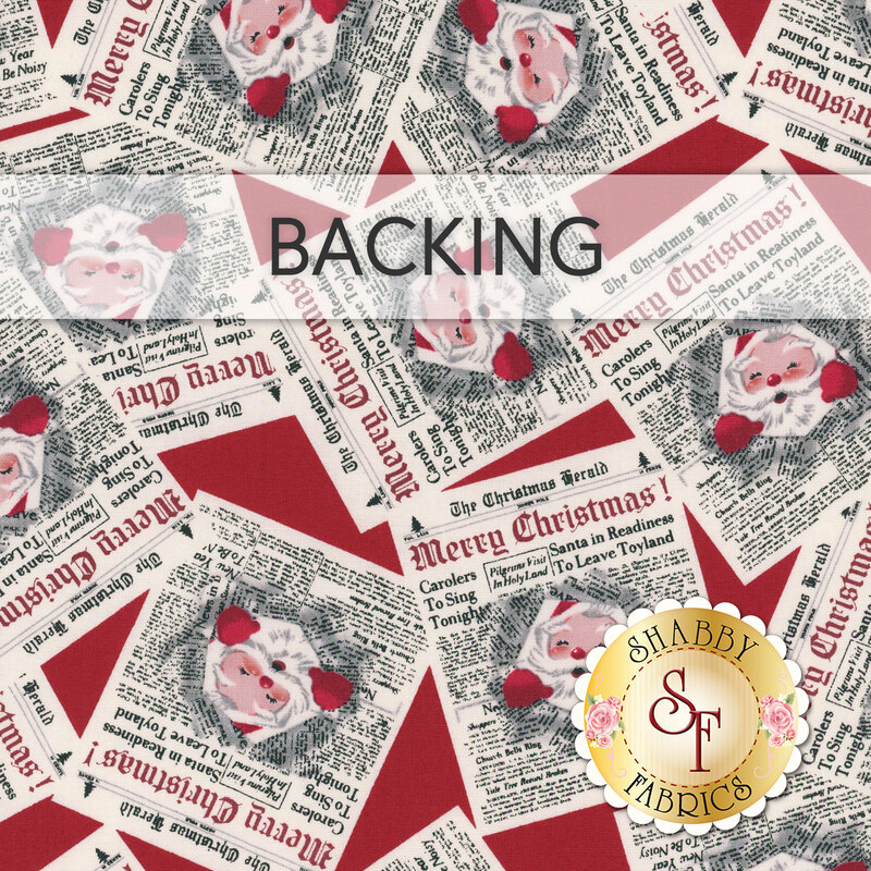A swatch of red fabric with scattered newspapers with Santa Claus on the front page with the headline "Merry Christmas!" A banner at the top reads "Backing" and a golden Shabby Fabrics logo sits in the bottom right corner.