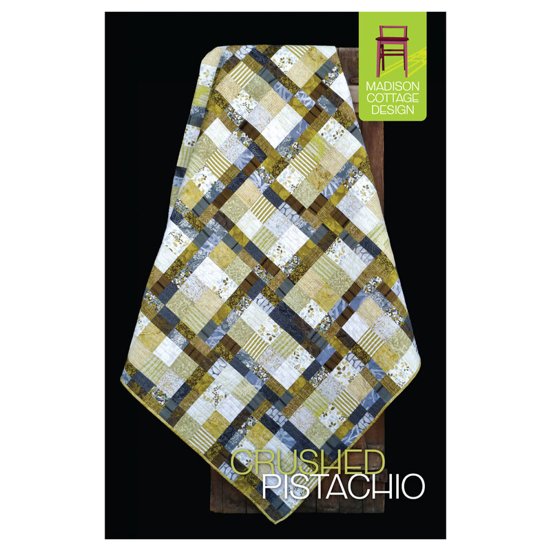 The front of the Crushed Pistachio Quilt Pattern featuring a geometric basketweave patchwork pattern