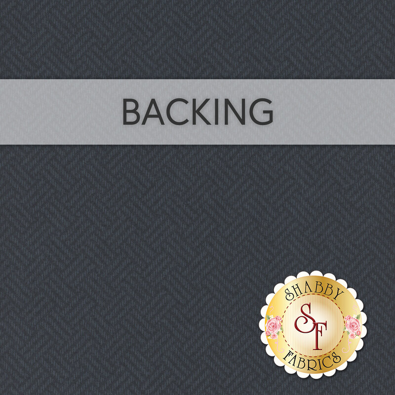 A swatch of dark navy fabric with a tonal woven texture. A banner at the top reads "Backing" and a golden Shabby Fabrics logo sits in the bottom right corner.