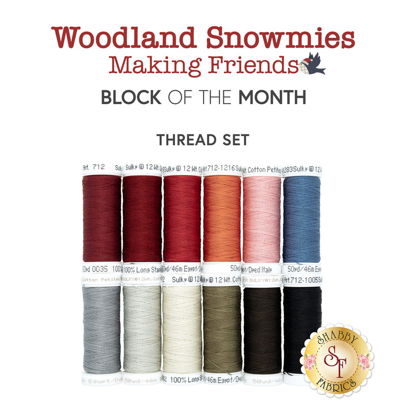 Twelve spools of thread in red, coral, pink, blue, gray, white, and black, isolated on a white background underneath a text graphic that reads "Woodland Snowmies Making Friends - Block of the Month Thread Set."
