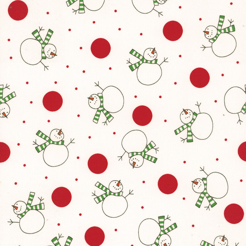 Winter white fabric featuring scattered red dots and snowmen wearing green striped scarves.