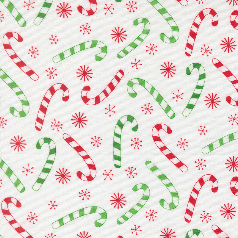 Winter white fabric tossed with red and green striped candy canes and red snowflakes.