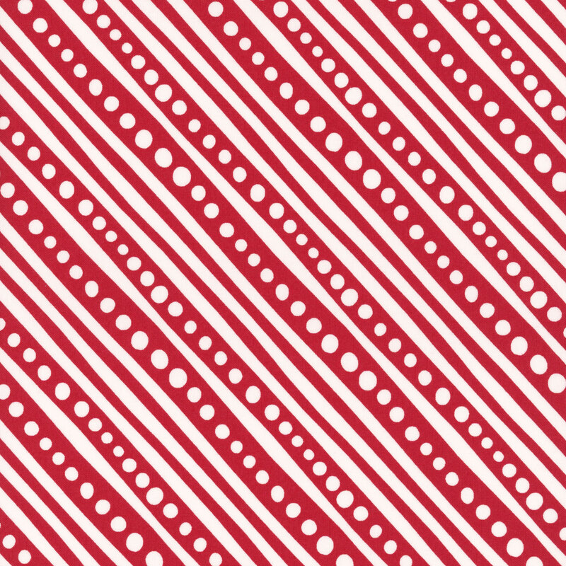 Cherry red fabric featuring diagonal white stripes and dots.